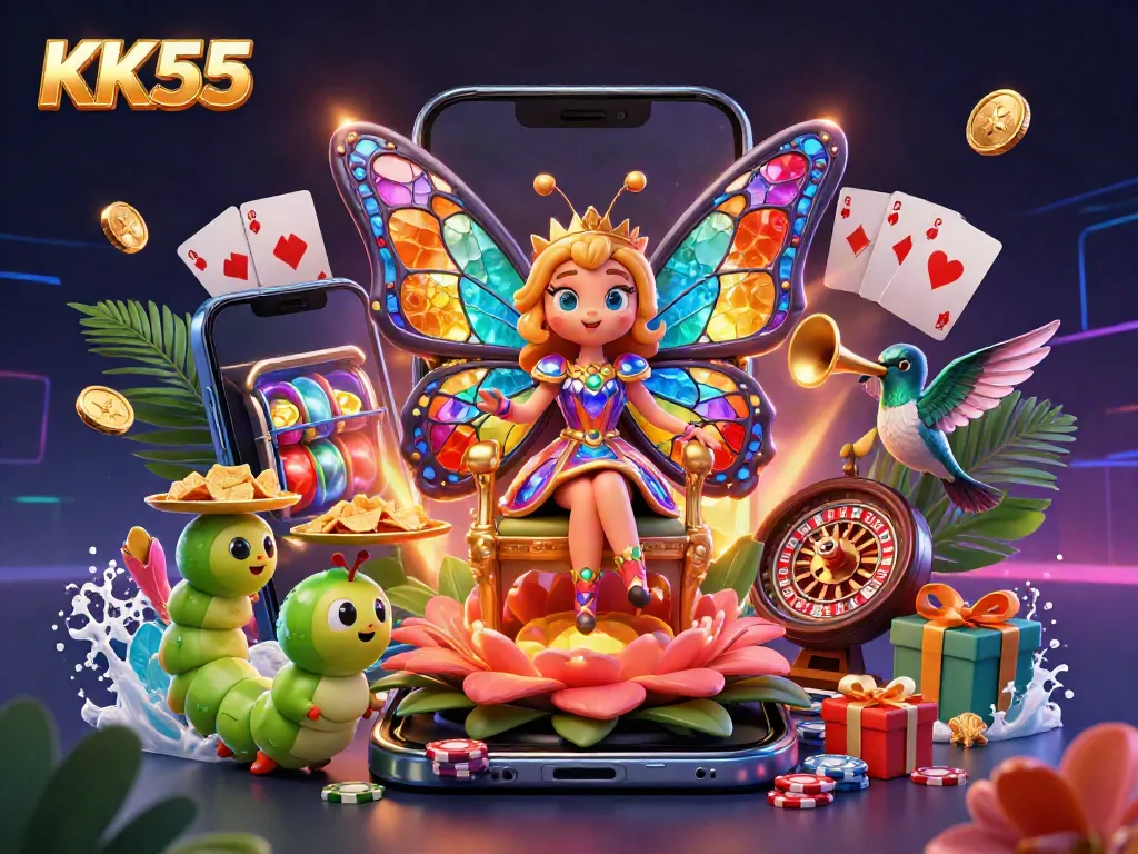 Engage with an immersive KK55 experience, featuring colorful slots and vibrant casino elements.