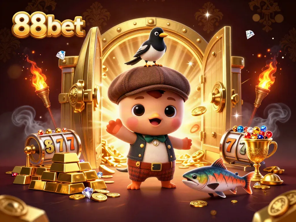Experience thrills with 88 bet as cartoon characters play amidst colorful slots and treasures.