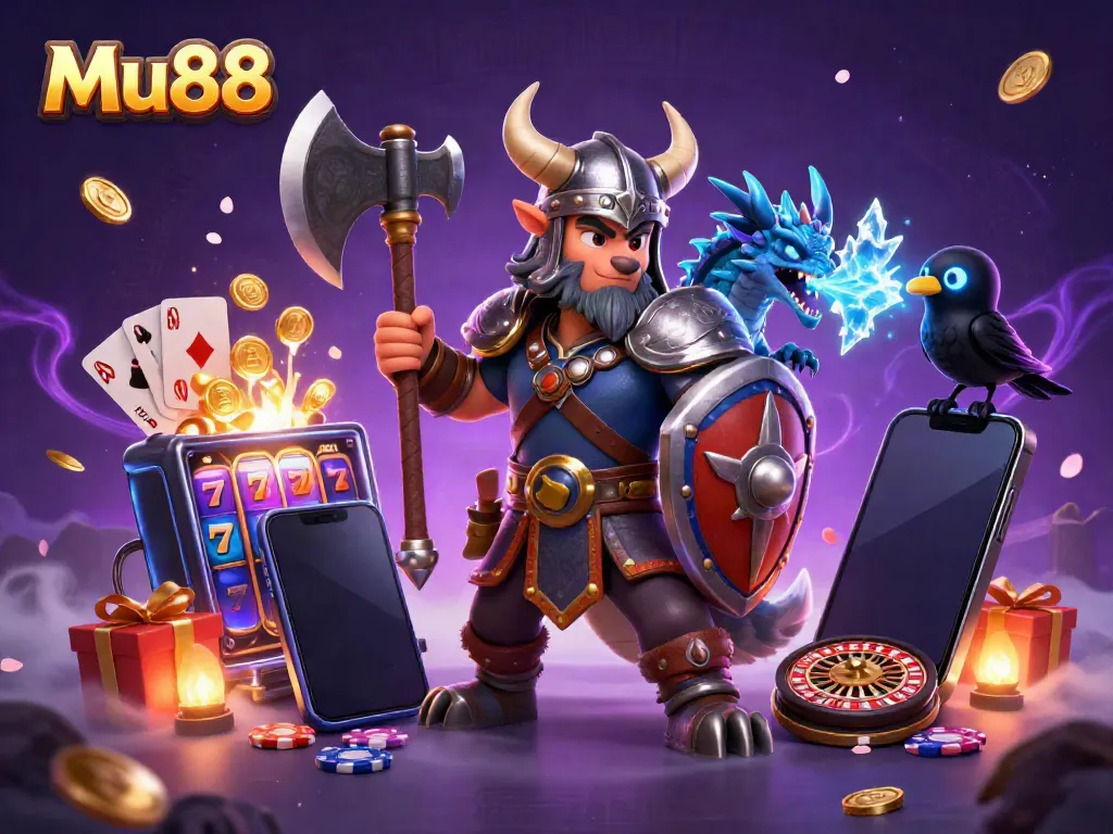 Experience thrilling Mu88 action with a Viking wolf warrior, fierce dragon, and glowing raven in a vibrant casino scene.