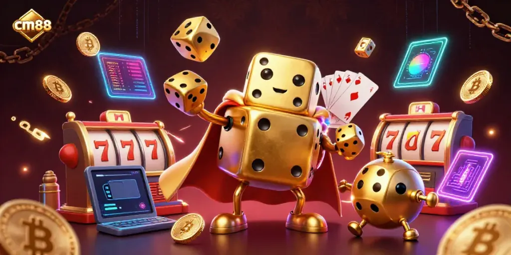 Experience thrilling gameplay with cm88 in an exciting casino scene featuring golden dice and crypto elements.