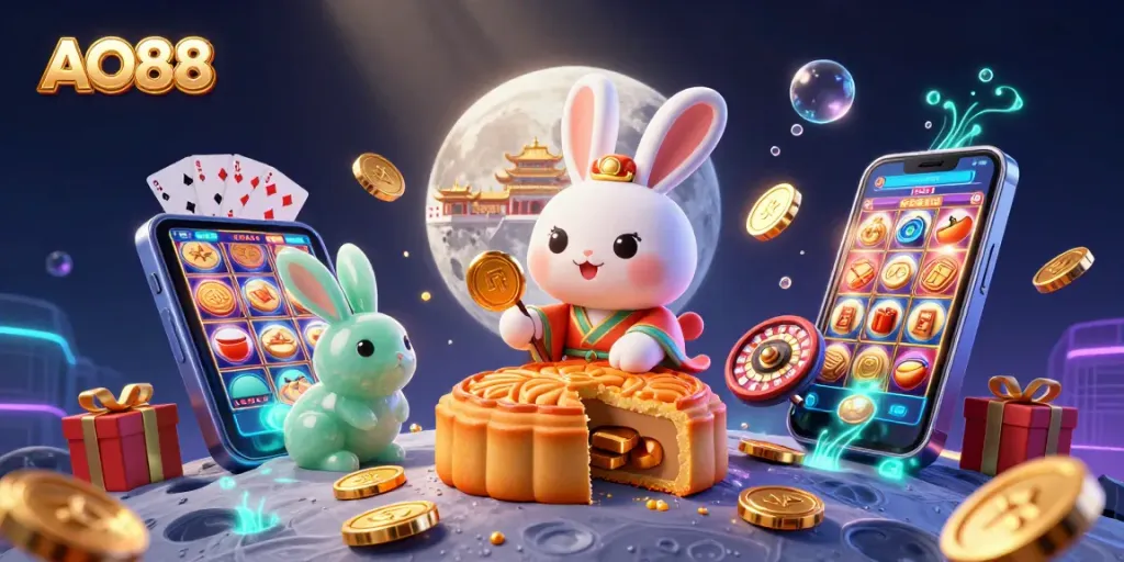 Experience the thrill of AO88 with a lively 3D scene showcasing poker chips and moon rabbits.