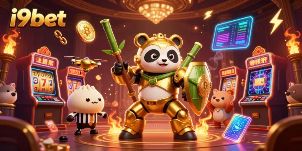 Experience the excitement of i9bet with a celebratory casino scene featuring a golden panda robot and dynamic gaming elements.