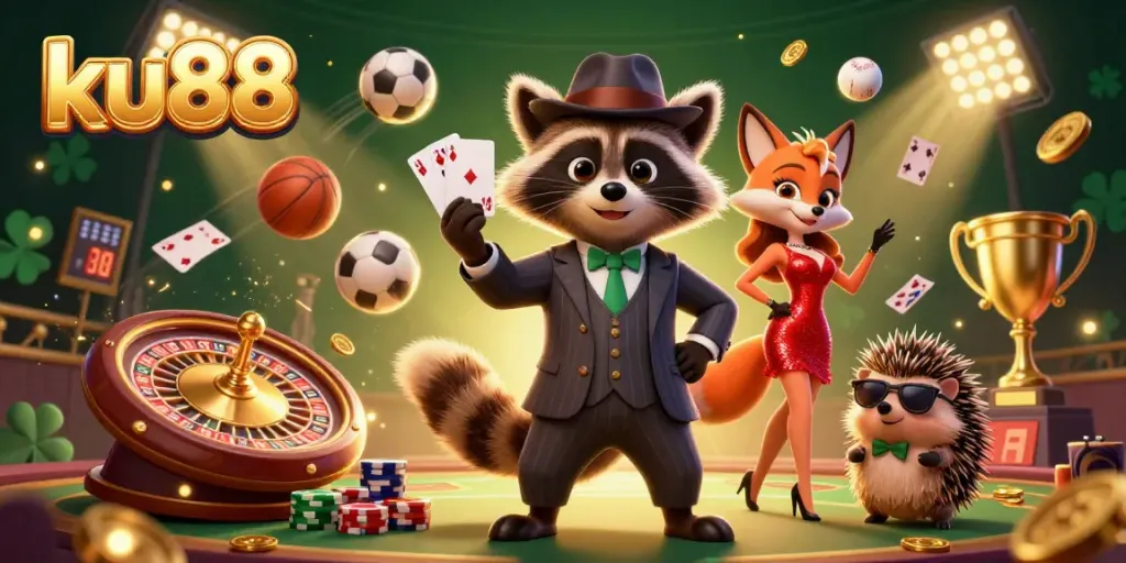 Engage with ku88's vibrant scene as the suave raccoon shows a royal flush amid dynamic casino elements.