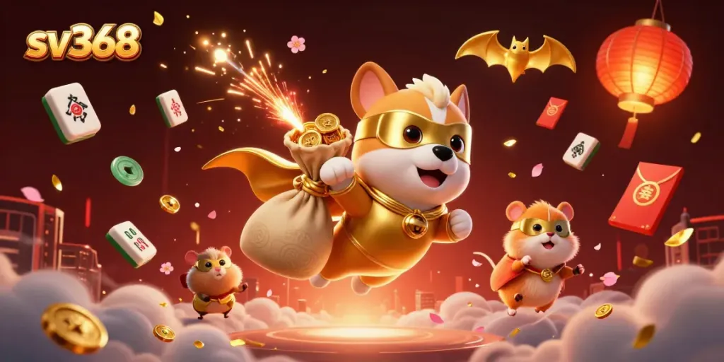 Experience the excitement of sv368 with a heroic dog flying amidst vibrant casino elements.