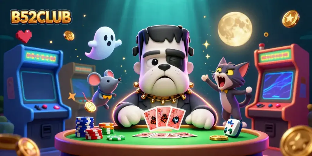 B52CLUB features a playful scene with a Frankenstein bulldog dealer, ghost mouse, and werewolf kitten at a gaming table.