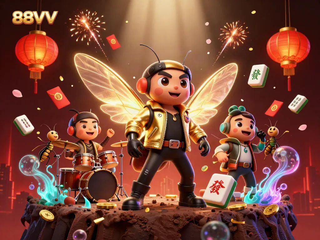 Experience the vibrant 88VV casino scene with an energetic rock star cicada and golden gaming elements.