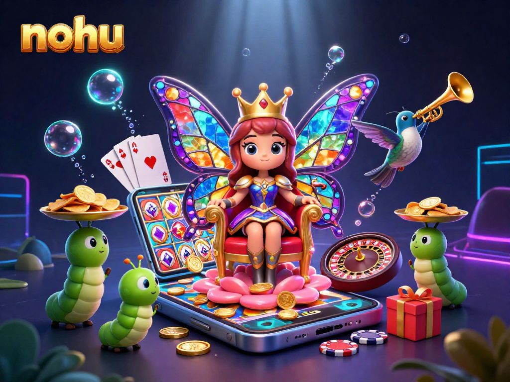 Nohu themed illustration depicting vibrant casino elements with a butterfly queen and dazzling game symbols.