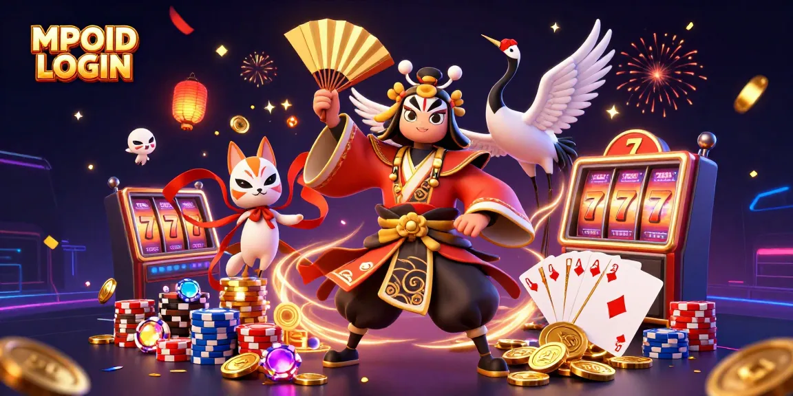 Engage thrilling MPOID LOGIN with kabuki warrior and festive casino elements in a captivating scene.