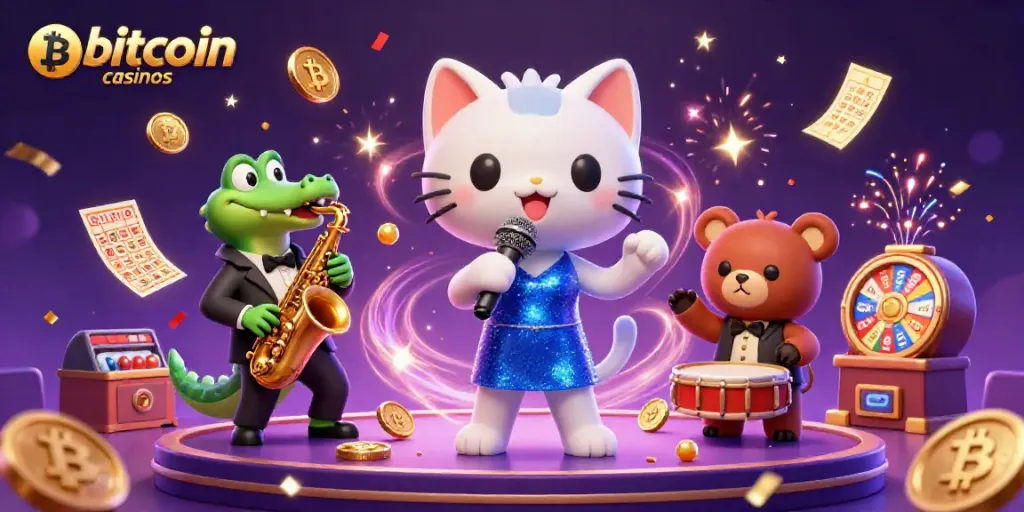 Engaging scene in bitcoin casinos with a jazz-singer cat, saxophonist crocodile, and drummer bear, celebrating wins.