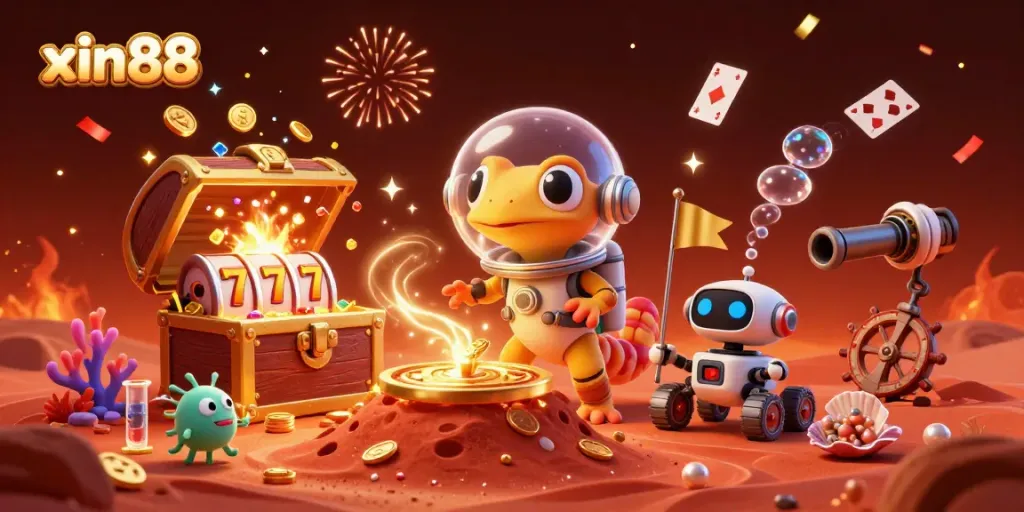 Experience the thrill of xin88 with a Martian gecko discovering a golden casino amidst underwater treasures.