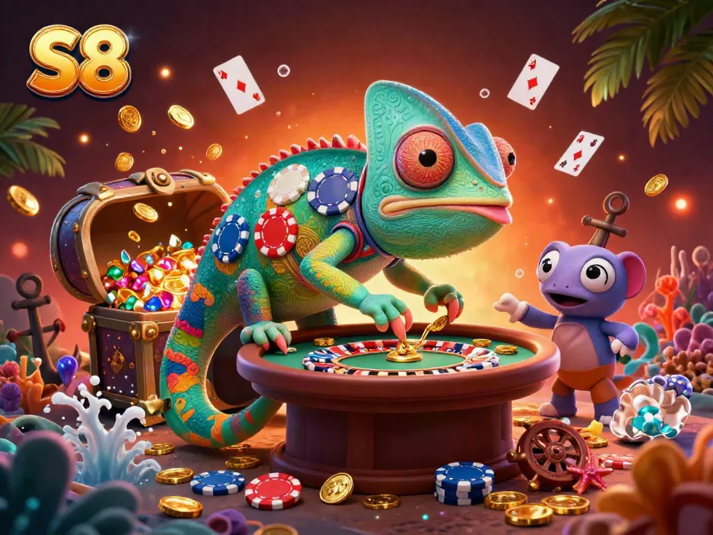 S8 offers a colorful gaming experience where a chameleon owner captures coins in a vibrant casino