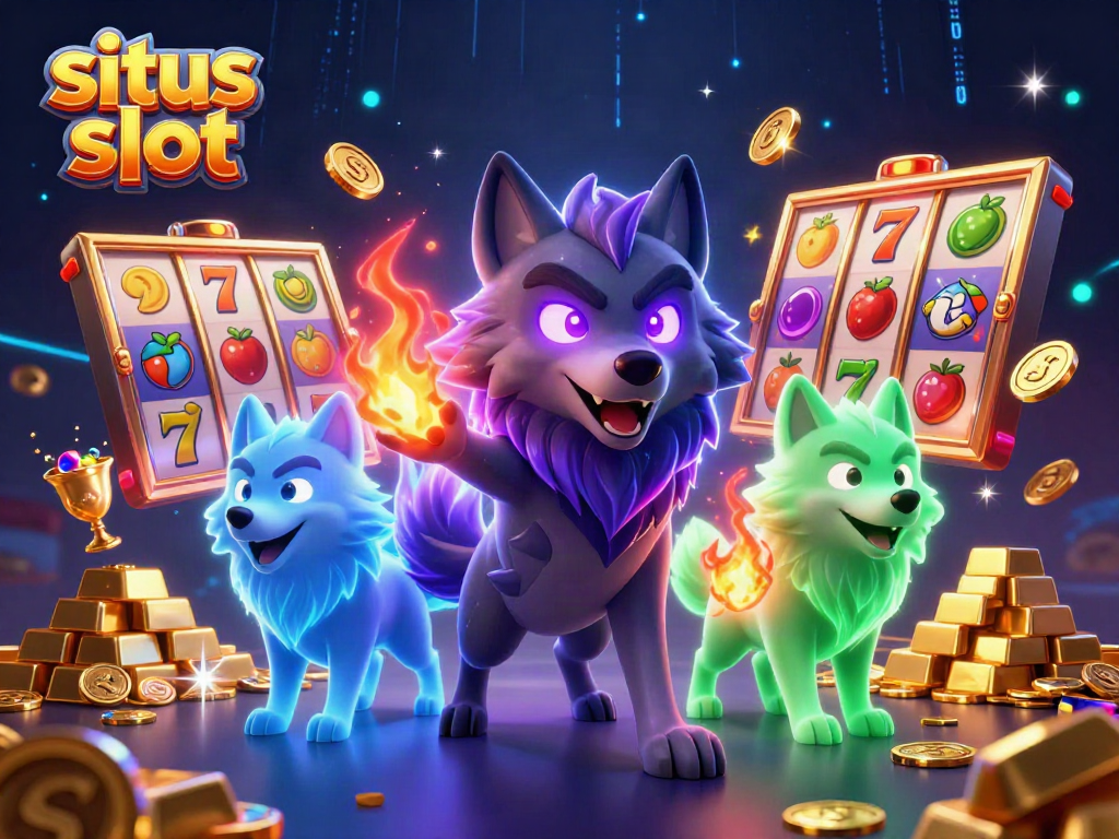 Engage with exciting situs slot games amidst treasure and mystical wolves in a vibrant casino setting.