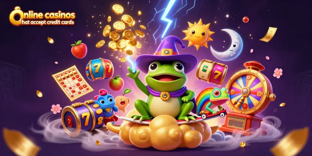 Join the magic of online casinos that accept credit cards with a whimsical illustration of exciting gambling elements and dynamic characters.