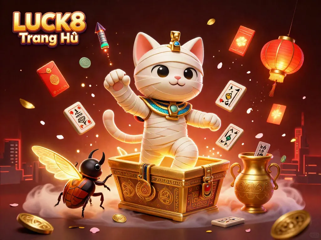 Engage with LUCK8 Trang Chủ in a vibrant casino scene featuring a mummy cat and dynamic gaming elements.