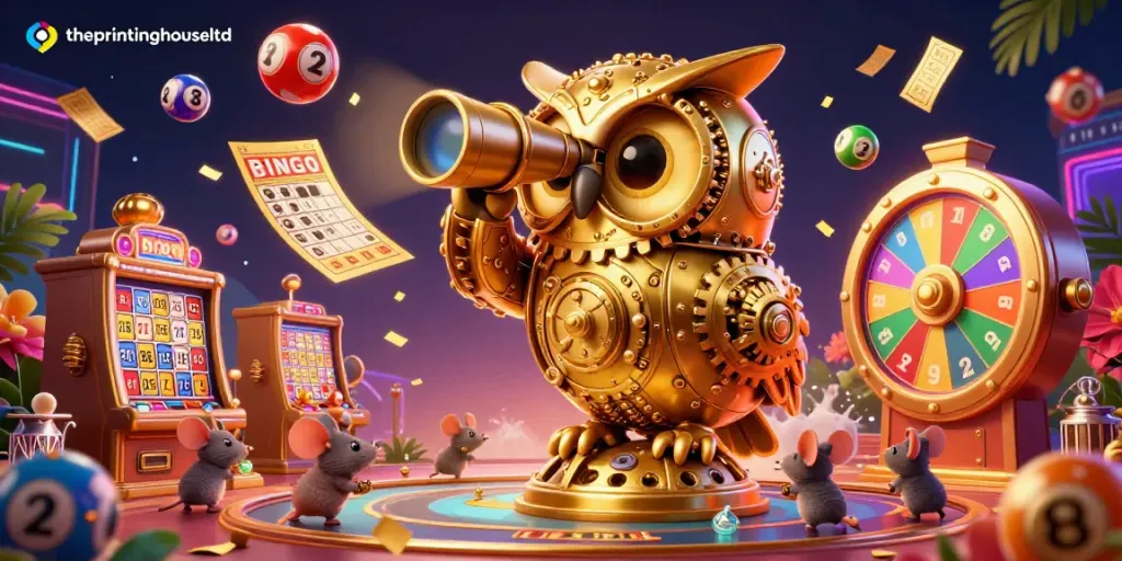 Engage with theprintinghouseltd through an animated casino scene featuring a golden owl, mice patrons, and vibrant games elements.