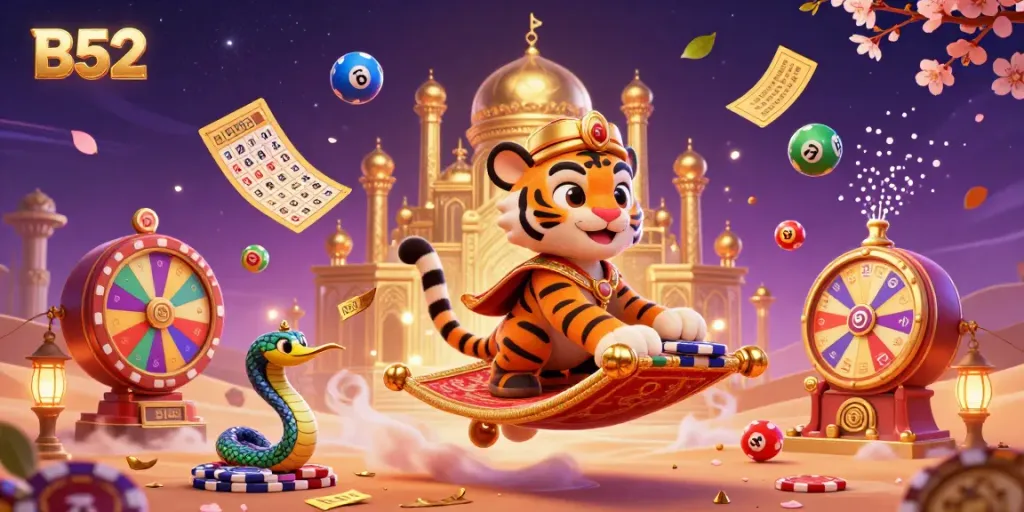 Experience thrilling gaming at B52 with a vibrant illustration of a tiger sultan on a poker chip carpet amidst dynamic casino elements.