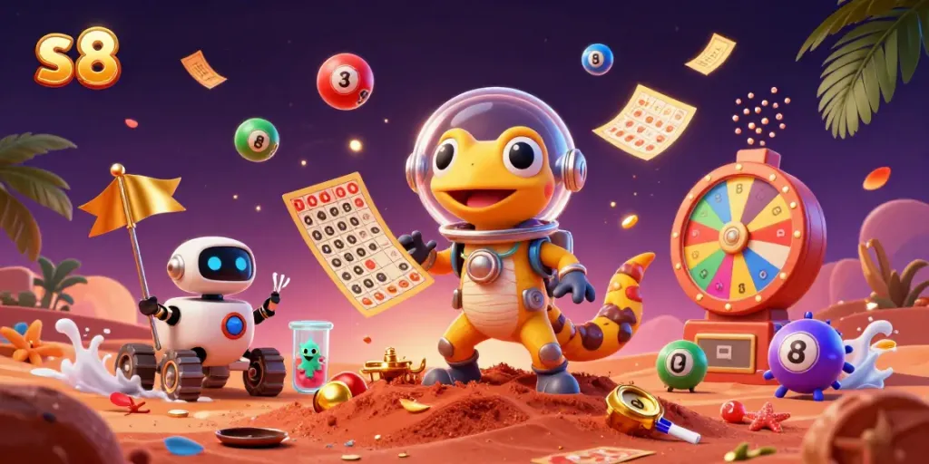 Engage in exciting gameplay at s 8 with a vibrant casino scene featuring a Martian gecko and colorful lottery elements.