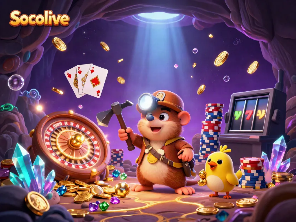 Engage with Socolive's thrilling gaming scene featuring a treasure hunter and vibrant casino elements.