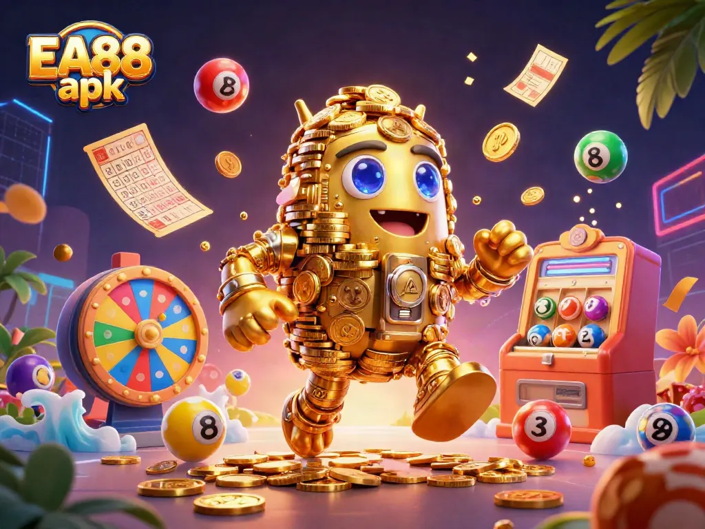 Engage in exciting betting experiences with EA88 apk, highlighted by a golden golem and dynamic lottery elements.