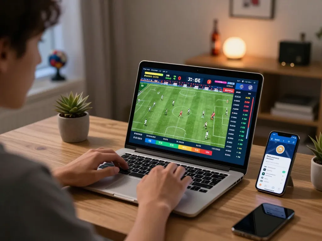 Engaged sports betting fan analyzing live matches and odds using vuasanco platform on laptop.