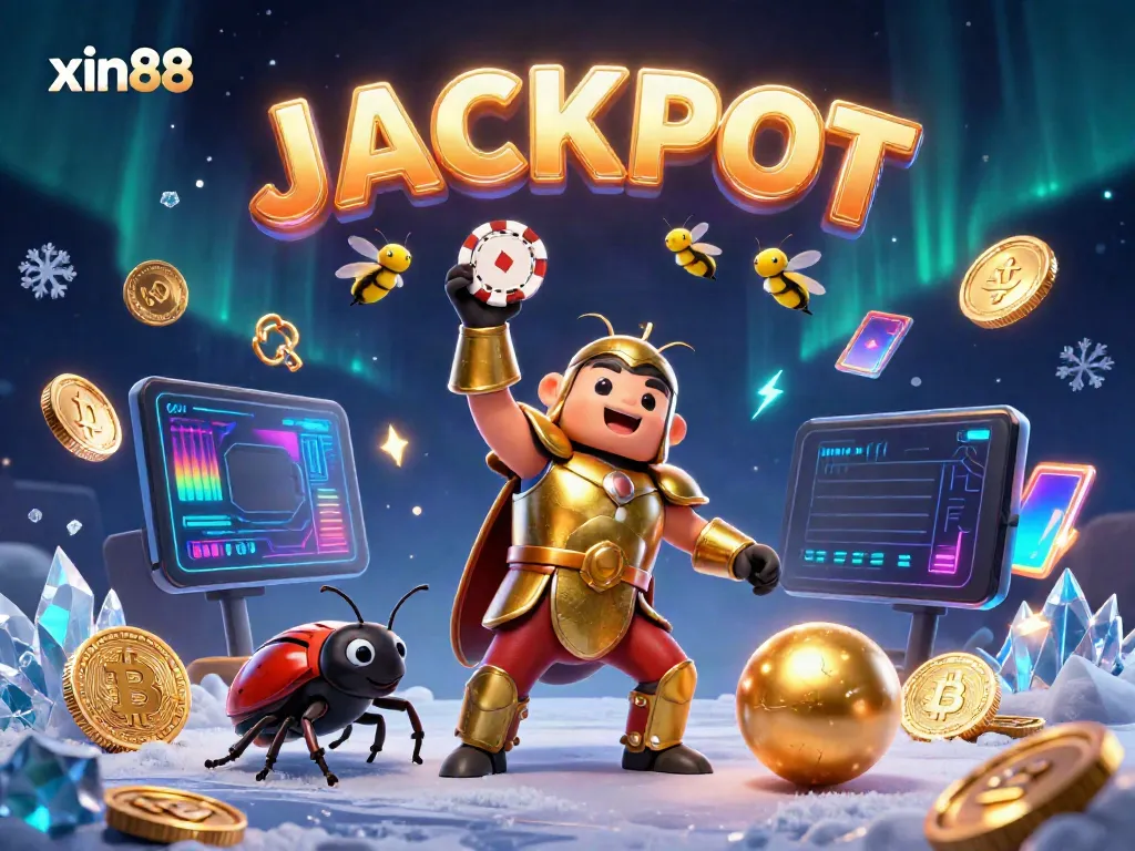 Experience xin88's thrilling victory scene with a hercules beetle lifting a poker chip in an exciting 3D illustration.