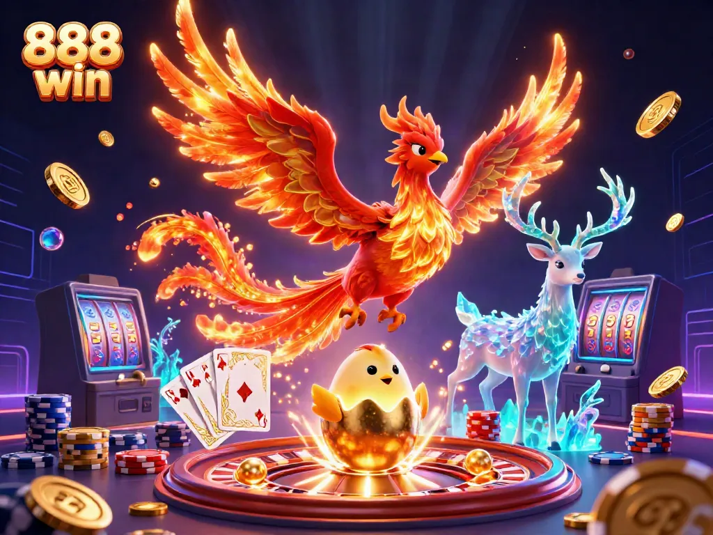 Experience the excitement of 888 win with a dynamic casino scene featuring mythical characters and games.