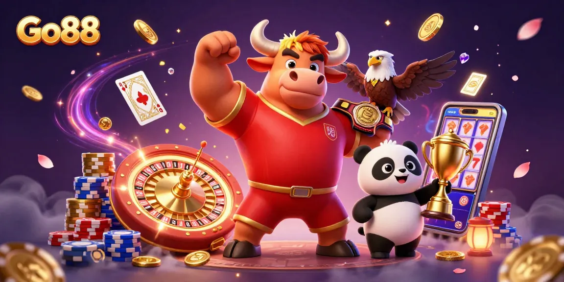Go88 mascot characters celebrate with sparkling gems and coins, showcasing fun casino gaming.