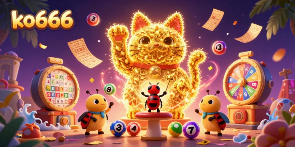 Engage with vibrant casino-themed visuals as ko666's lucky cat emerges amidst lively gambling elements.