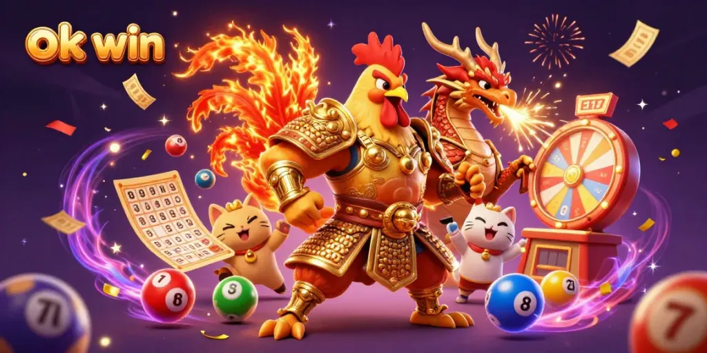 Join the excitement at ok win with this vibrant 3D illustration showcasing lottery fun and dynamic characters.
