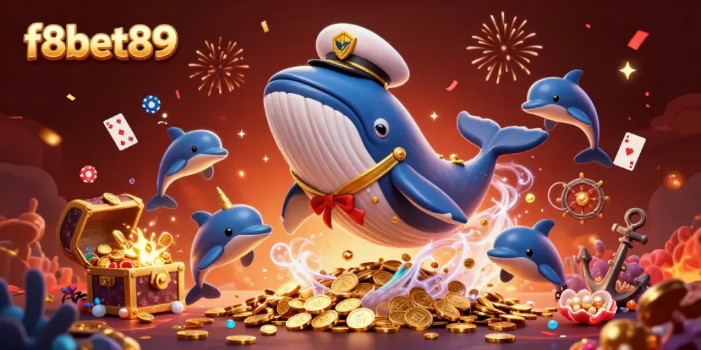 Experience thrills at f8bet89 in a vibrant 3D scene with a whale, narwhal, and dolphins.