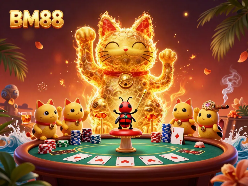 Experience the excitement of BM88 with a vibrant scene of a lucky cat and poker elements in a rich casino atmosphere.