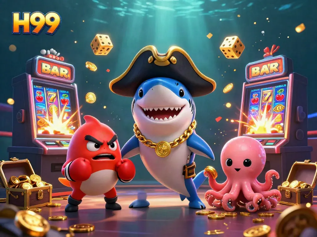 Experience H99's exciting online casino world with vibrant characters and jackpot-filled scenes.