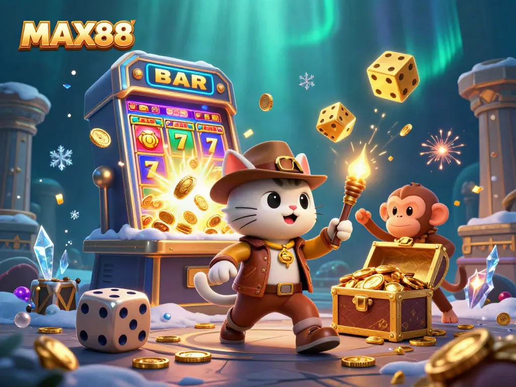 MAX88 showcases a captivating adventure scene with a cat explorer and monkey companion exploring golden casino treasures.