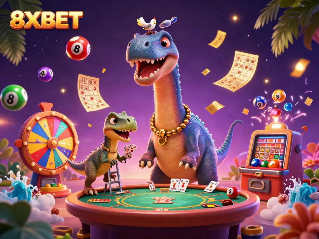Experience the excitement of 8XBET with a whimsical casino scene featuring a giant brontosaurus and clever raptor.