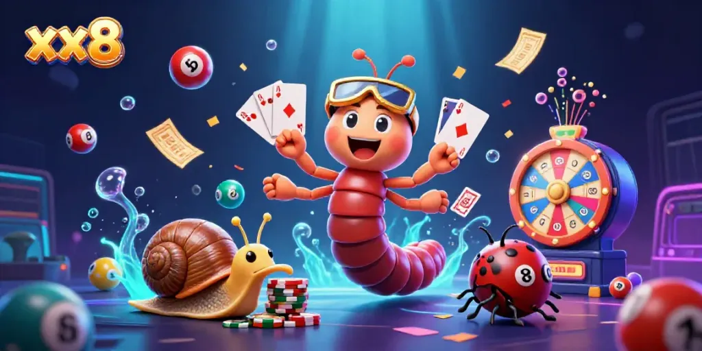 Engage in thrilling gameplay at xx8 with vibrant lottery balls and excited characters promoting fun gaming.