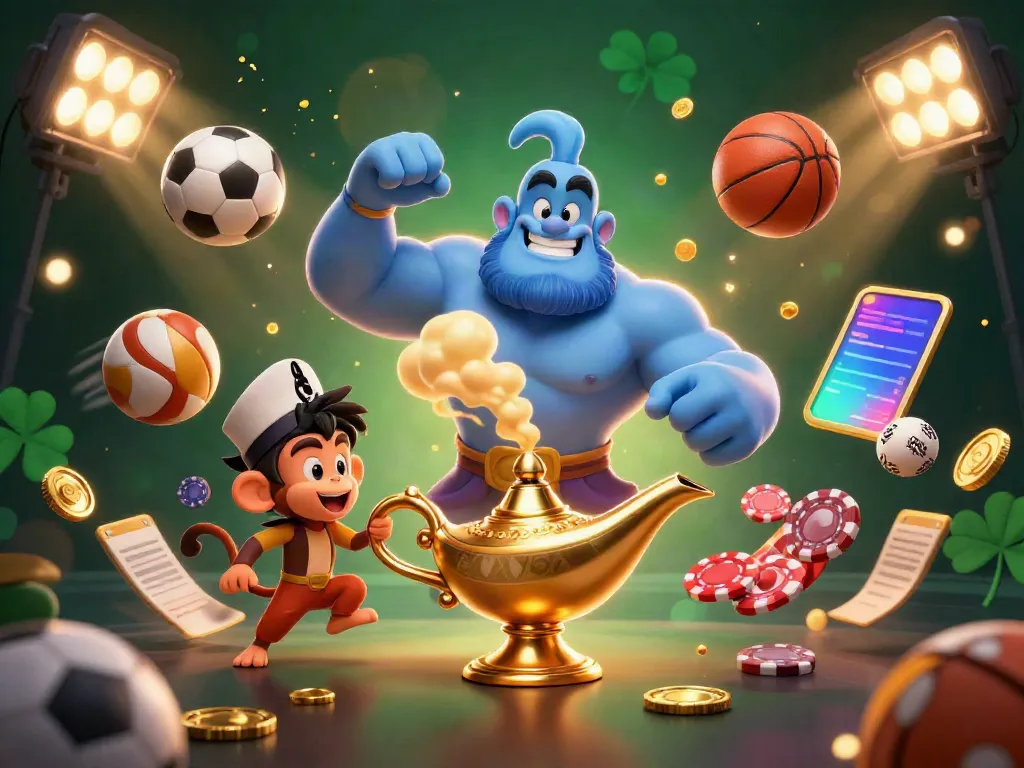 vu88's exciting 3D illustration showcases a blue genie with a golden trophy amid dynamic sports elements and poker chips.
