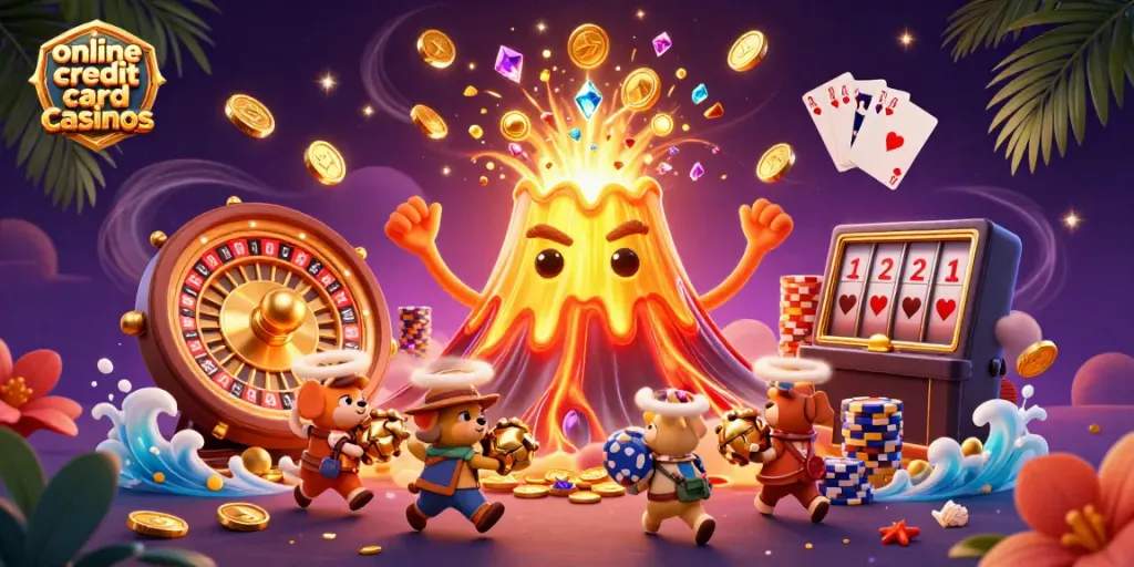 Experience online credit card casinos through this vibrant 3D illustration featuring a golden volcano and treasure.