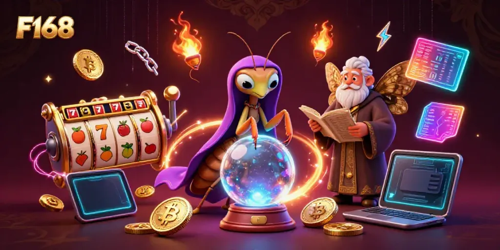 Join the F168 casino action with a vibrant scene showcasing gambling elements and magical characters.