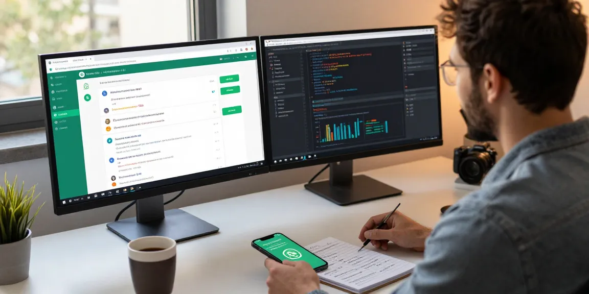 Professional workspace illustrating WhatsApp網頁版 with dual monitors displaying messaging and coding tools, enhancing productivity.