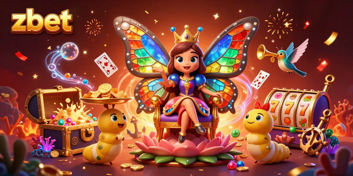 zbet offers immersive gaming experiences with a butterfly queen amidst vibrant casino elements.