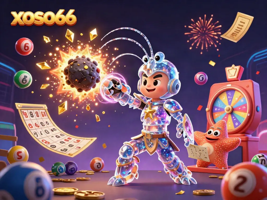Experience the excitement of XOSO66 with a vibrant lottery scene featuring colorful elements and engaging characters.