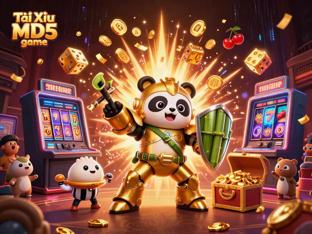 Engage with the thrilling Tài Xỉu MD5 game, featuring a mech-suit golden panda amidst an electrifying jackpot explosion and casino elements.