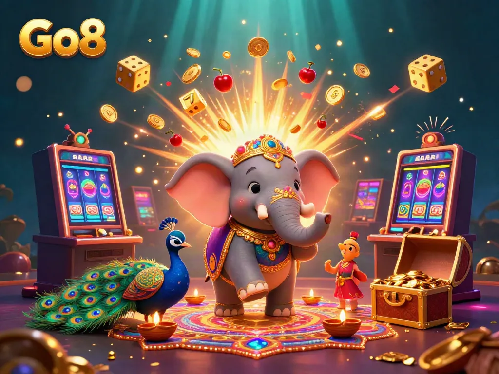 Experience thrilling fortune with Go8's vibrant 3D casino illustration featuring dynamic gaming elements.