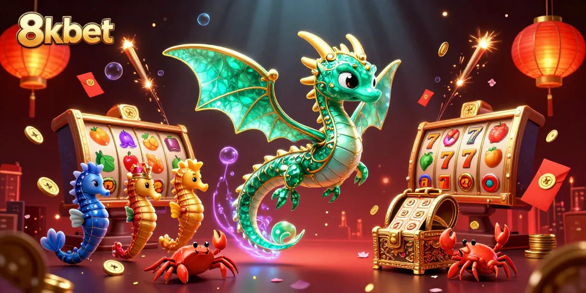 Engage with 8kbet's vibrant casino atmosphere featuring a sea dragon and treasure amidst colorful elements.