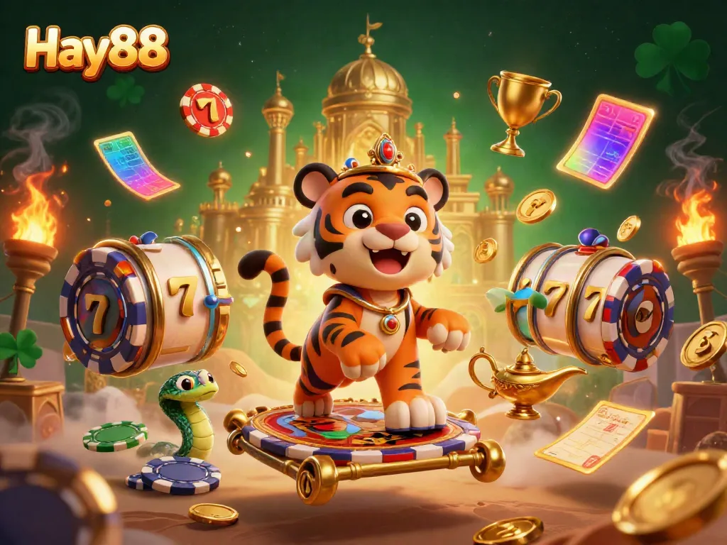 Engage with Hay88 in a vibrant 3D casino scene featuring a tiger sultan and golden elements.
