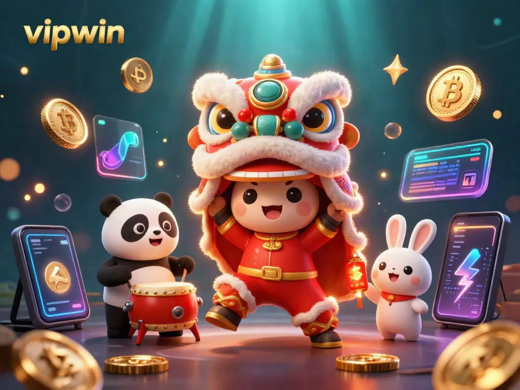 Experience thrilling gaming at vipwin with a vibrant lion dance, drumming panda, and crypto elements.