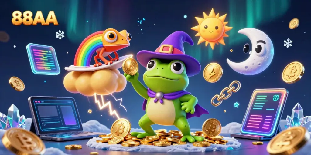 Experience a thrilling gaming adventure with 88AA's vibrant 3D casino scene filled with gold coins and crypto elements.