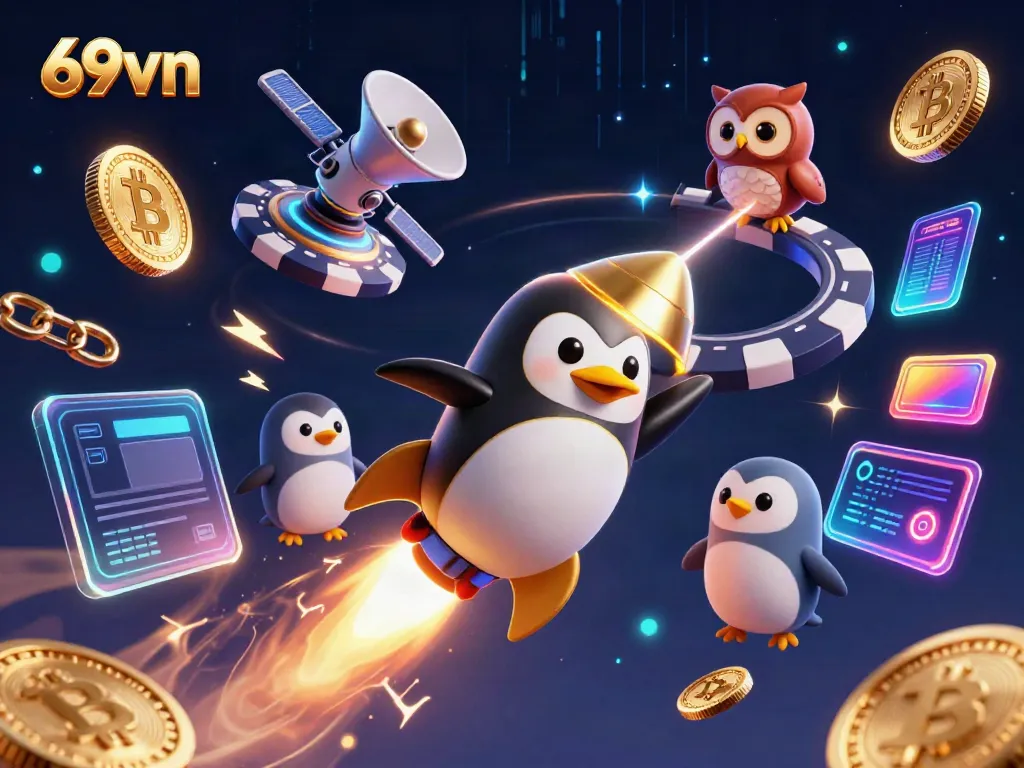 Engage in thrilling gameplay at 69vn with dynamic casino visuals appearing around a golden penguin