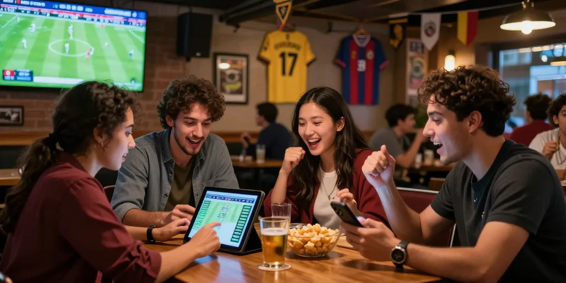 A group of friends excitedly reviewing tỷ lệ kèo nhà cái at a sports bar, surrounded by match screens, snacks, and memorabilia.