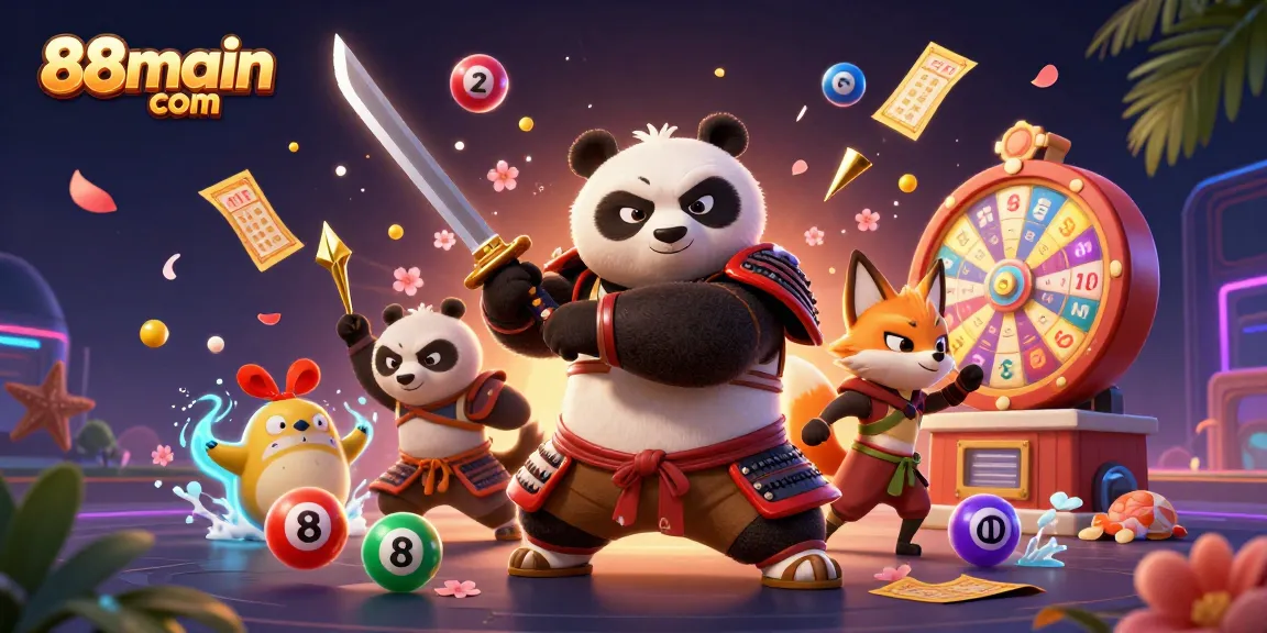 Terlibat dengan permainan menarik di 88main com, menampilkan panda samurai yang cerah dan elemen lotere emas.
